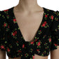 Black Floral Print Short Sleeves Cropped Top