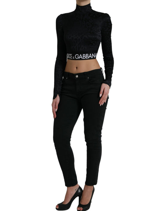 Black Viscose Stretch Long Sleeves Cropped Top