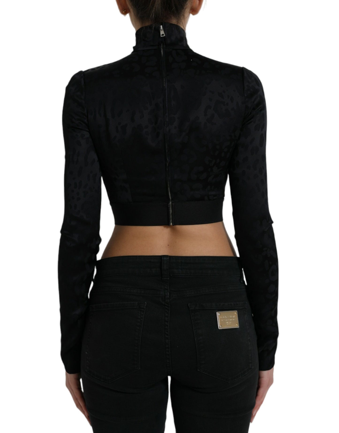 Black Viscose Stretch Long Sleeves Cropped Top