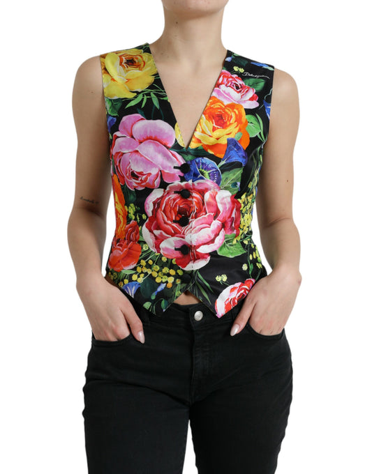 Multicolor Floral Button Waistcoat Vest Top