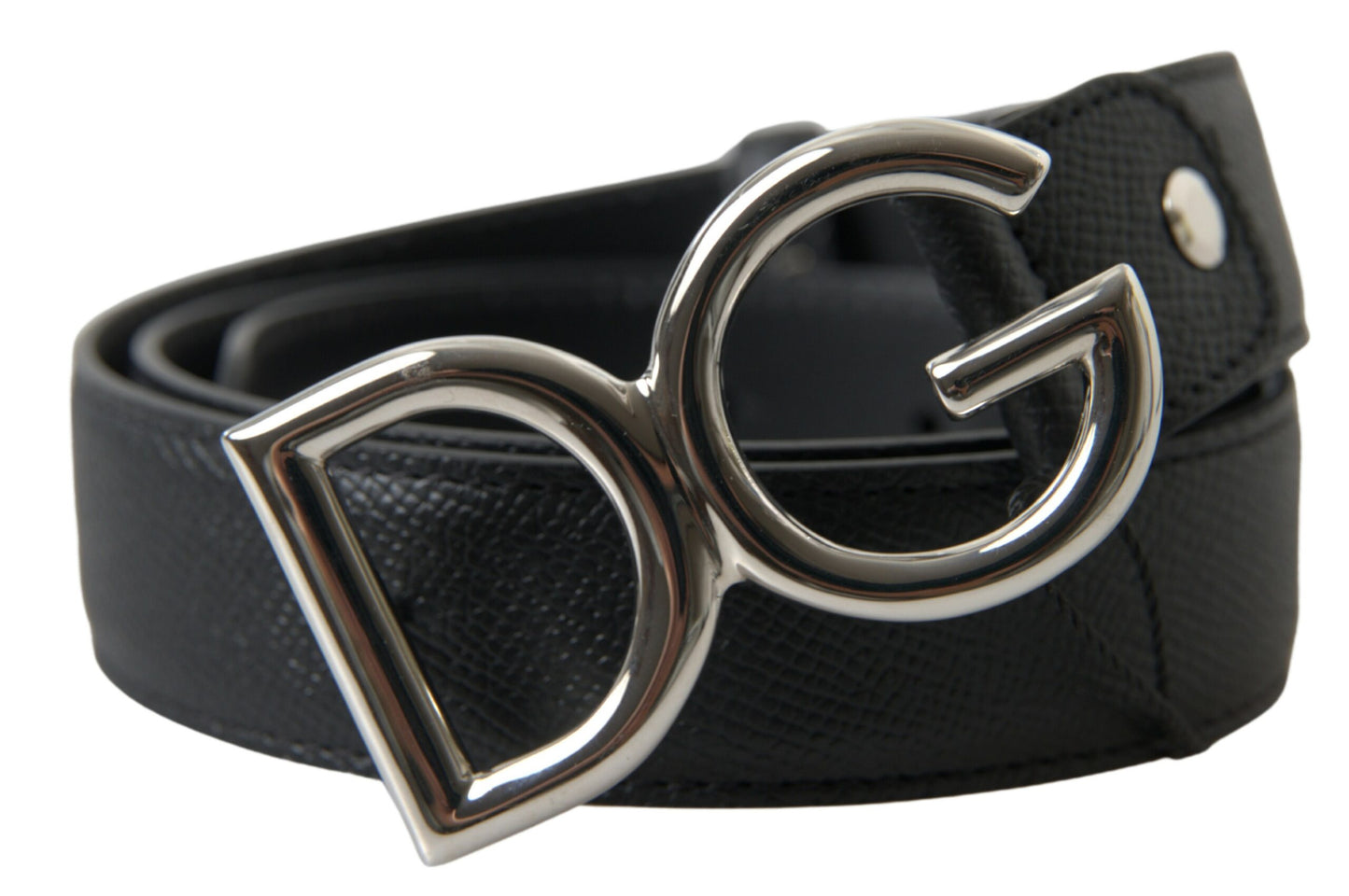 Black Leather Silver Logo Metal Buckle Belt