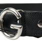 Black Leather Silver Logo Metal Buckle Belt