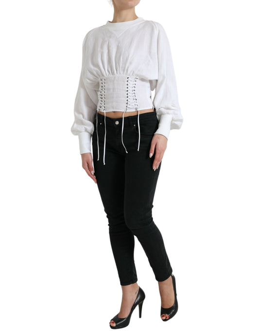 White Cotton Corset Cropped Long Sleeves Top