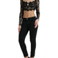 Black Nylon Floral Lace Bustier Cropped Top