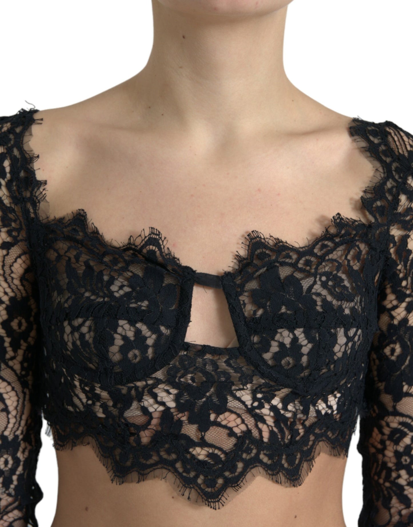 Black Nylon Floral Lace Bustier Cropped Top