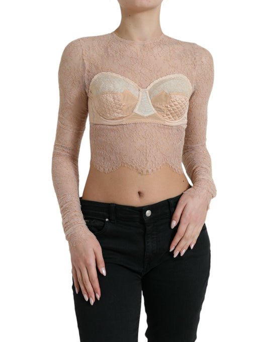 Beige Nylon Floral Lace Bustier Cropped Top