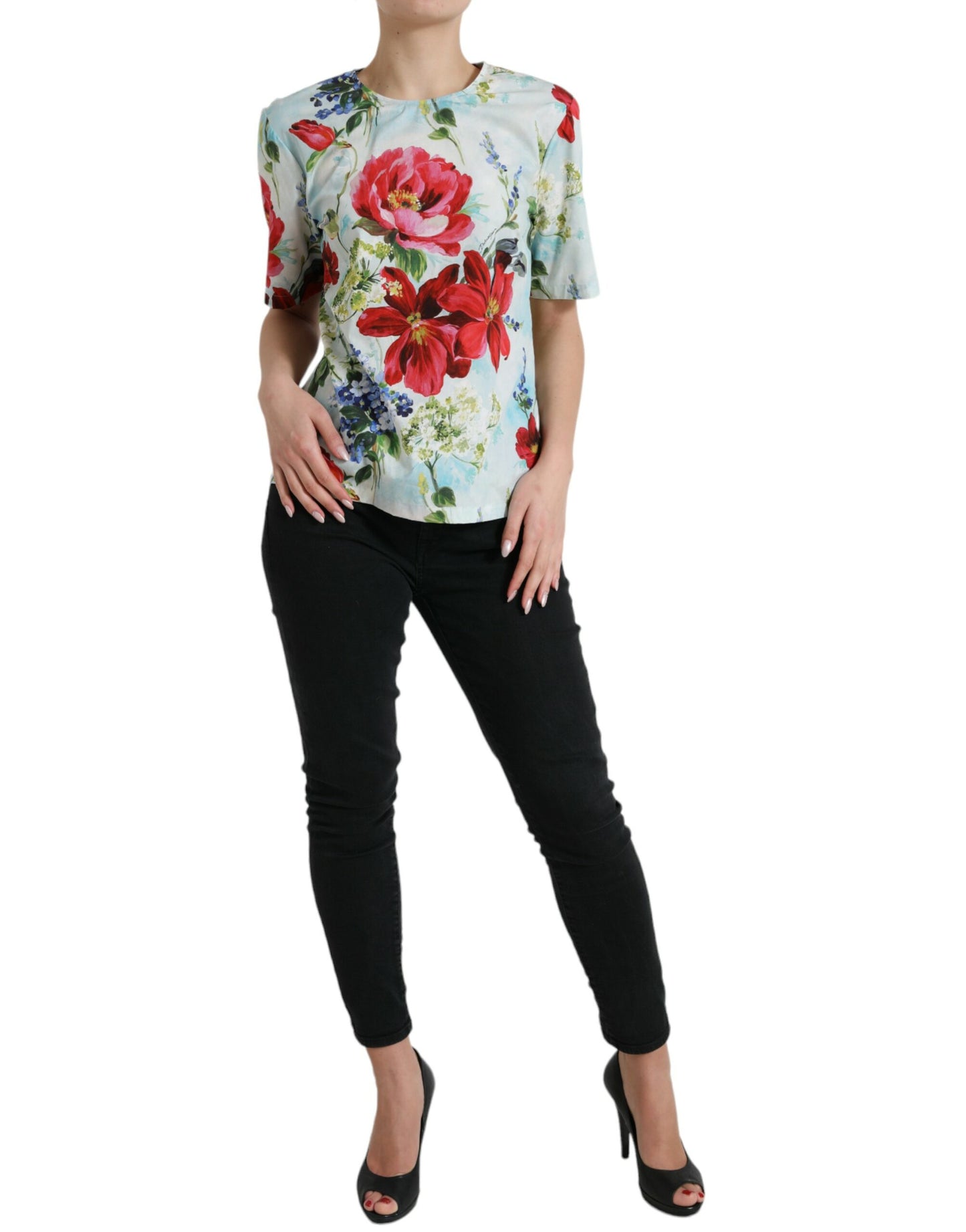 Multicolor Floral Cotton Round Neck Blouse Top