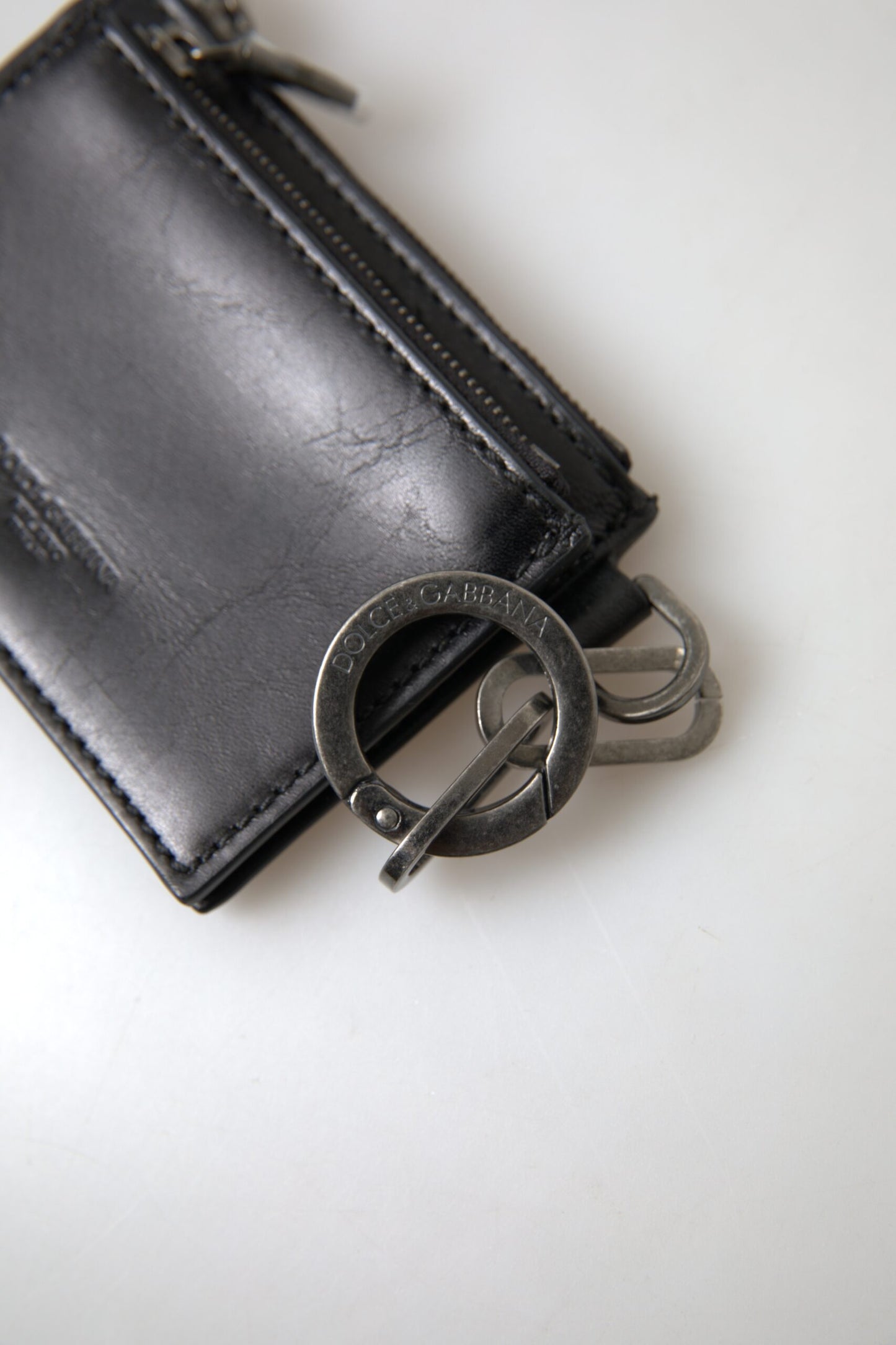 Black Leather Zip Logo Keyring Coin Purse Wallet