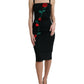 Black Roses Wool Sheath Bodycon Midi Dress