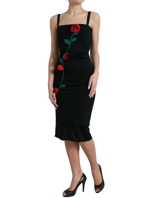 Black Roses Wool Sheath Bodycon Midi Dress