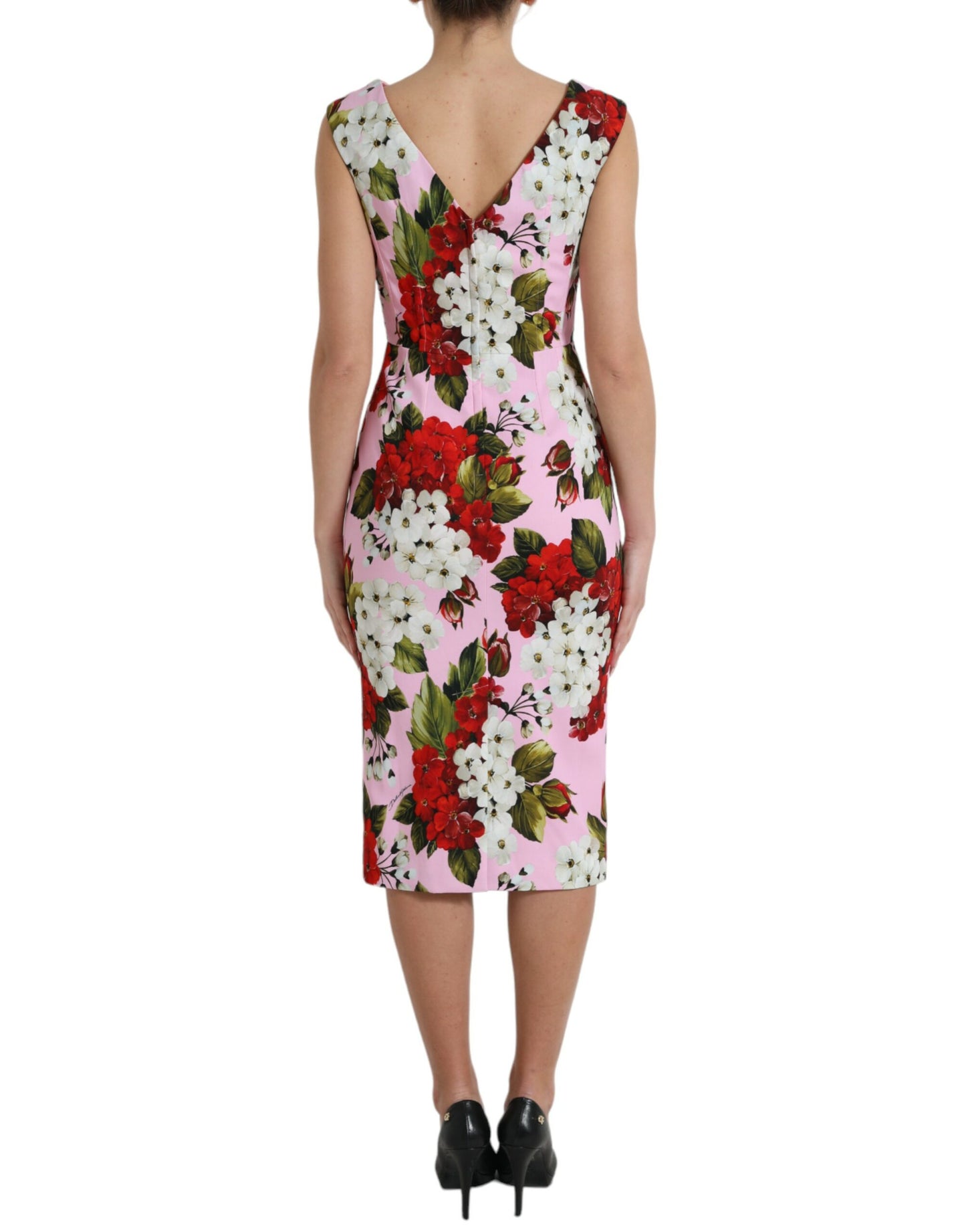 Pink Viscose Pink Floral V-neck Sheath Midi Dress