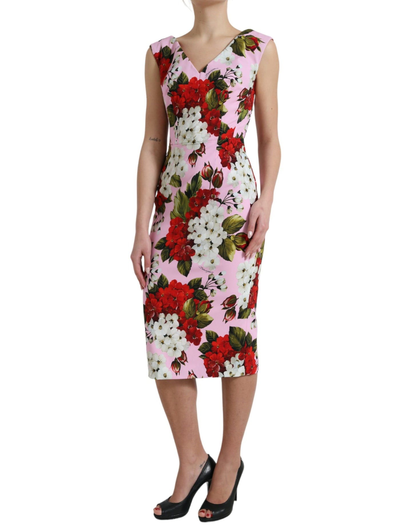 Pink Viscose Pink Floral V-neck Sheath Midi Dress