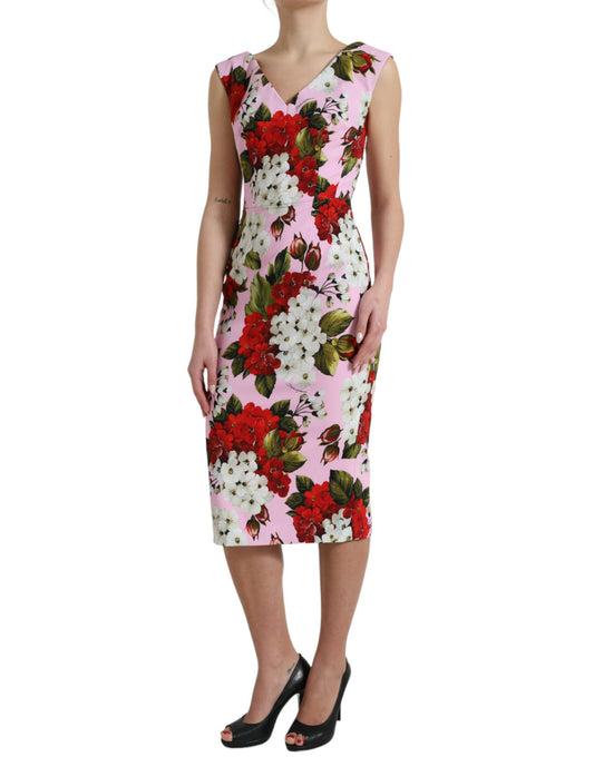 Pink Viscose Pink Floral V-neck Sheath Midi Dress