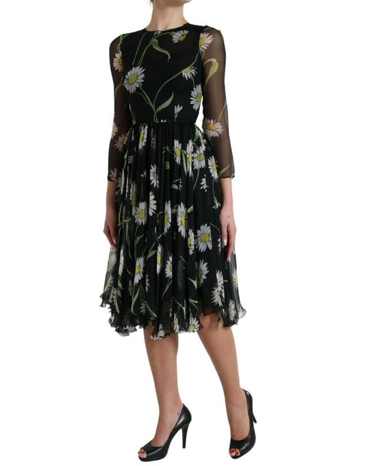 Black Floral Sheer A-line Knee Length Dress