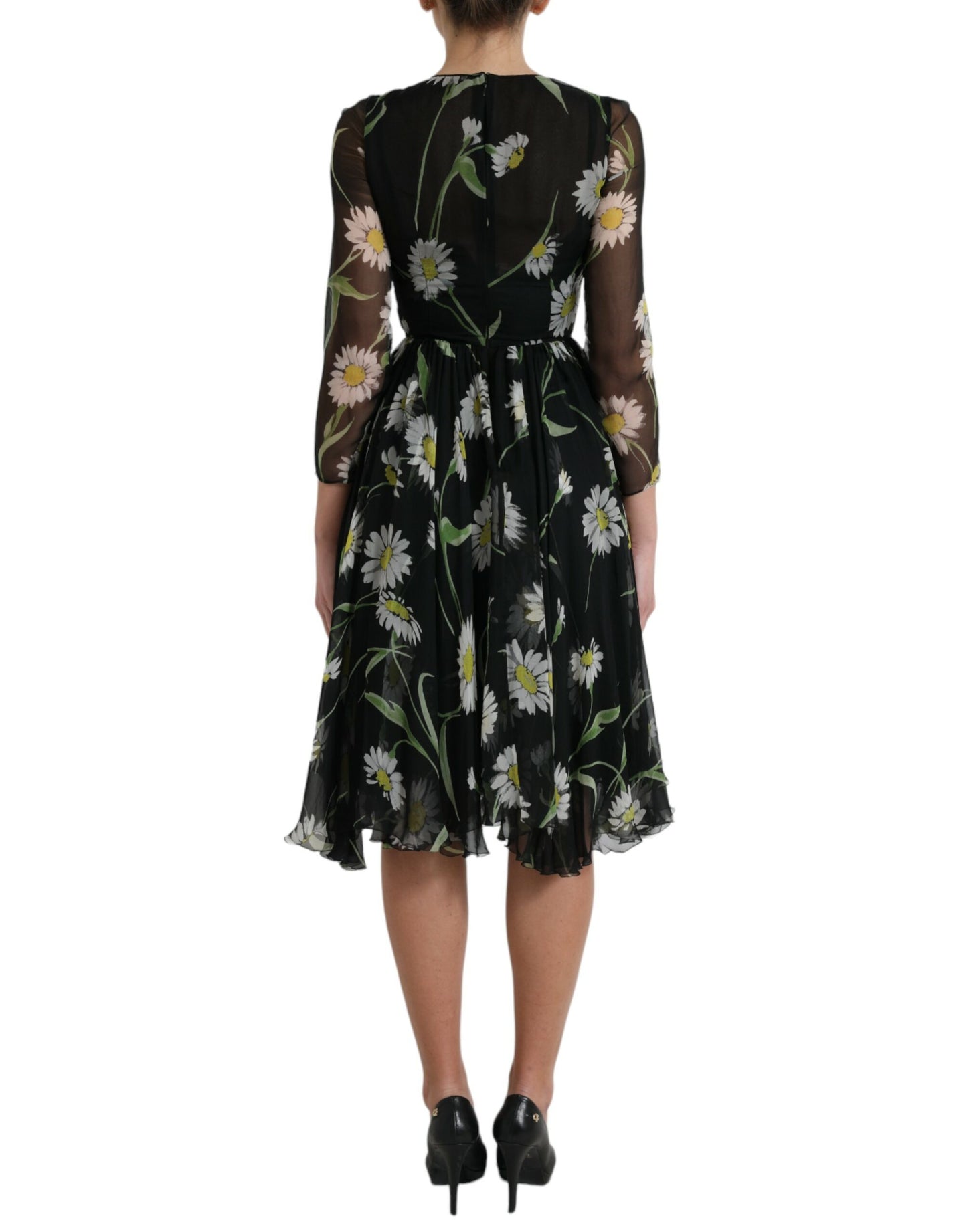 Black Floral Sheer A-line Knee Length Dress