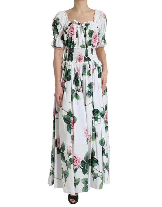 White Cotton Rose A-line Pleated Long Dress