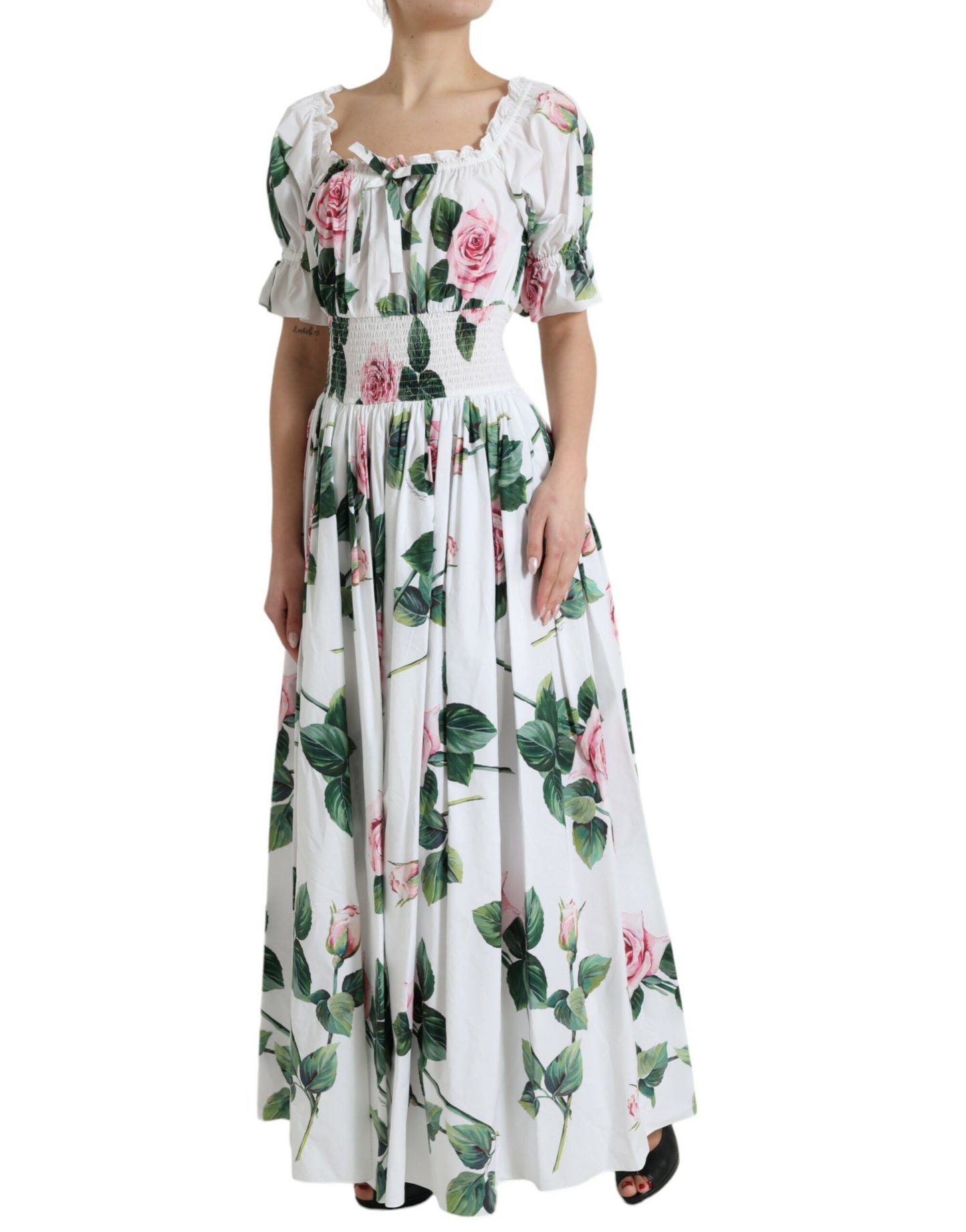 White Cotton Rose A-line Pleated Long Dress