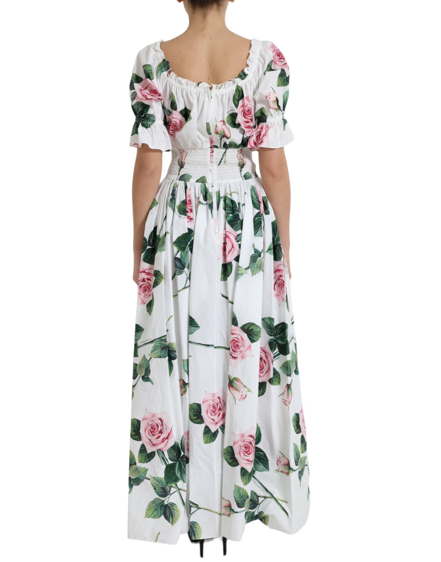 White Cotton Rose A-line Pleated Long Dress