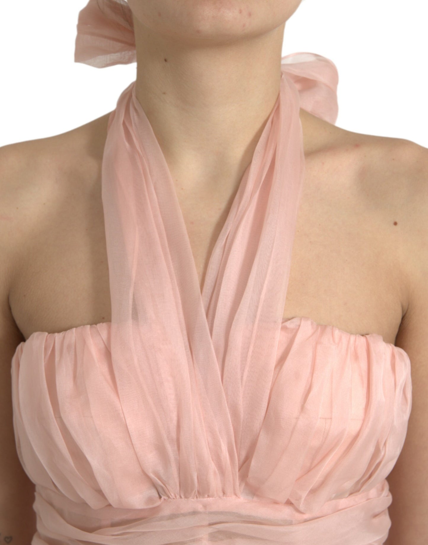 Pink Silk Chiffon Halter A-line Pleated Midi Dress