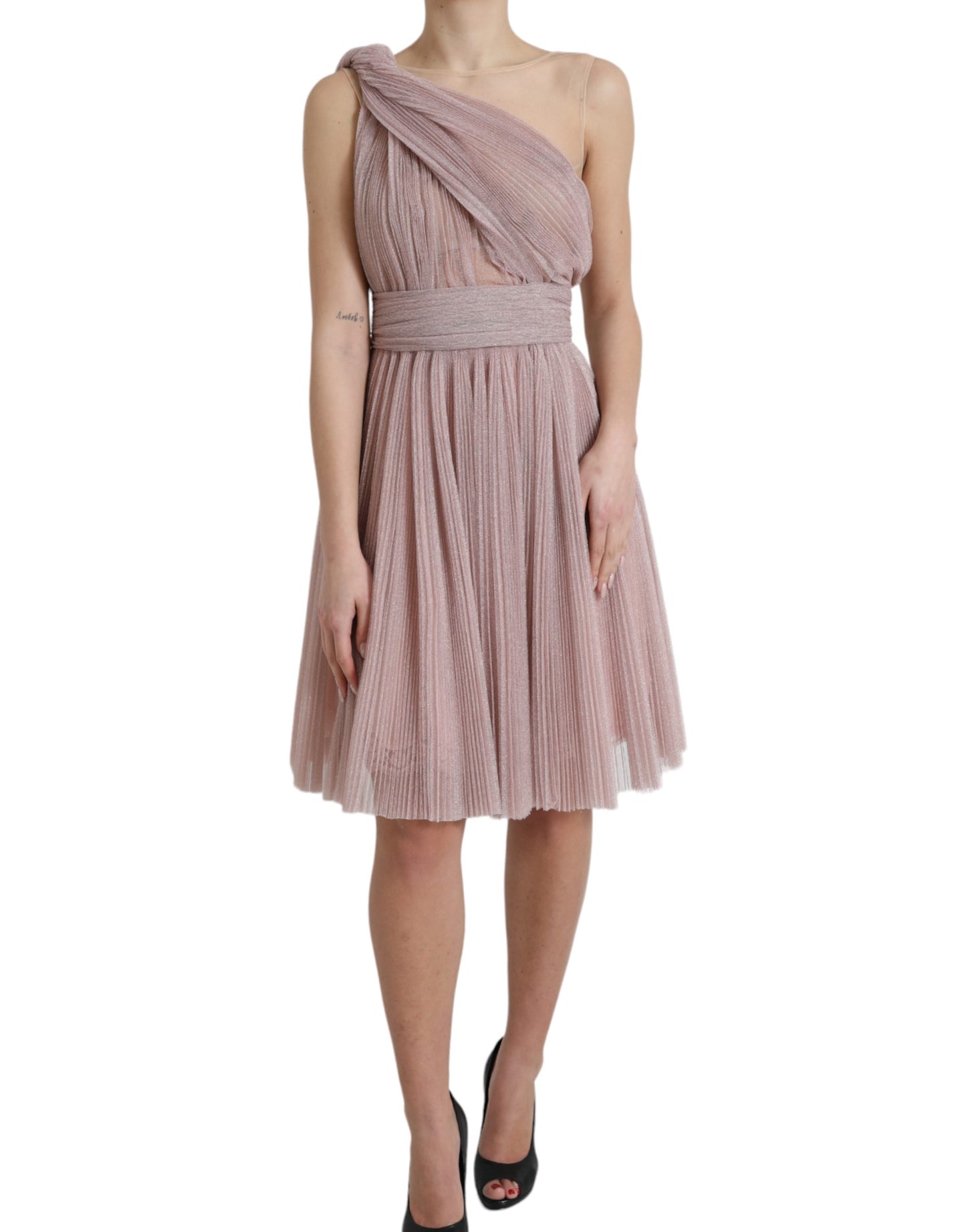 Pink One Shoulder Pleated Lame Tulle Dress