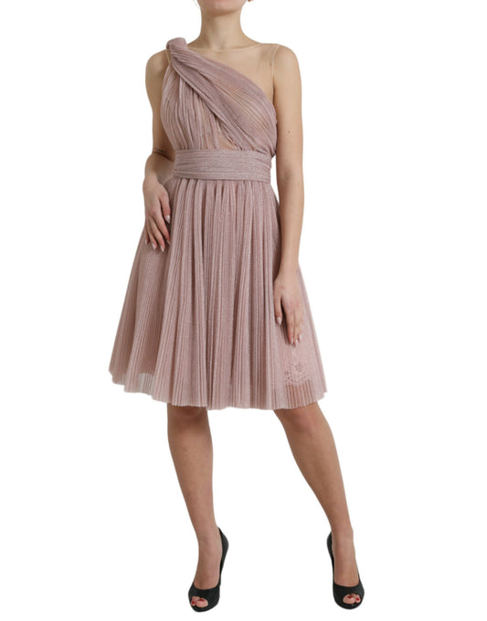 Pink One Shoulder Pleated Lame Tulle Dress