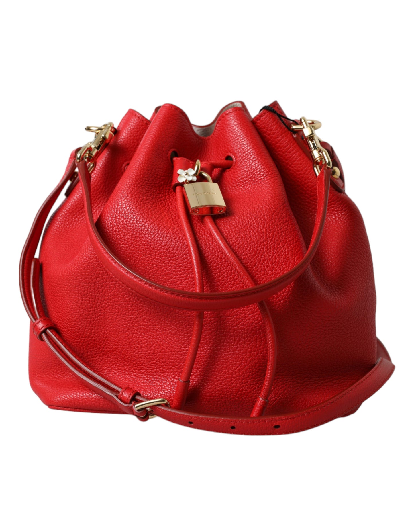 Elegant Red Leather Drawstring Bag with Gold Detailing