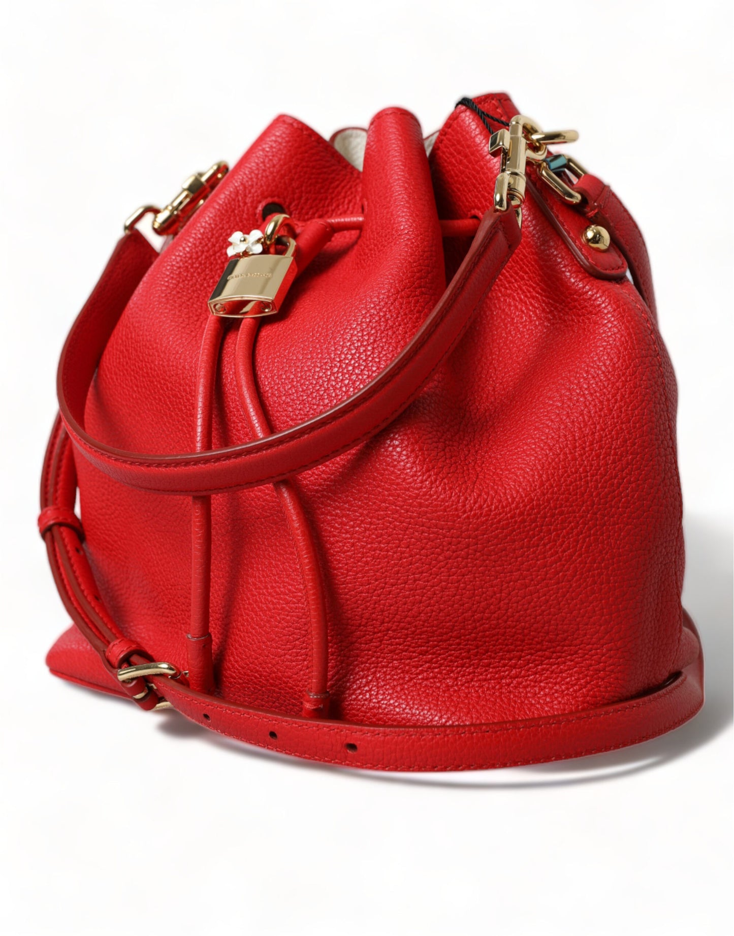 Elegant Red Leather Drawstring Bag with Gold Detailing