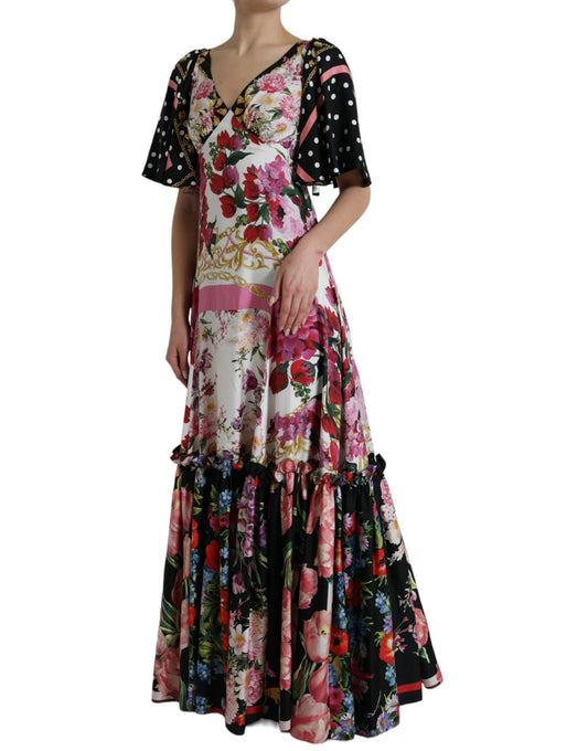 Multicolor Floral Print Silk Twill Gown Dress