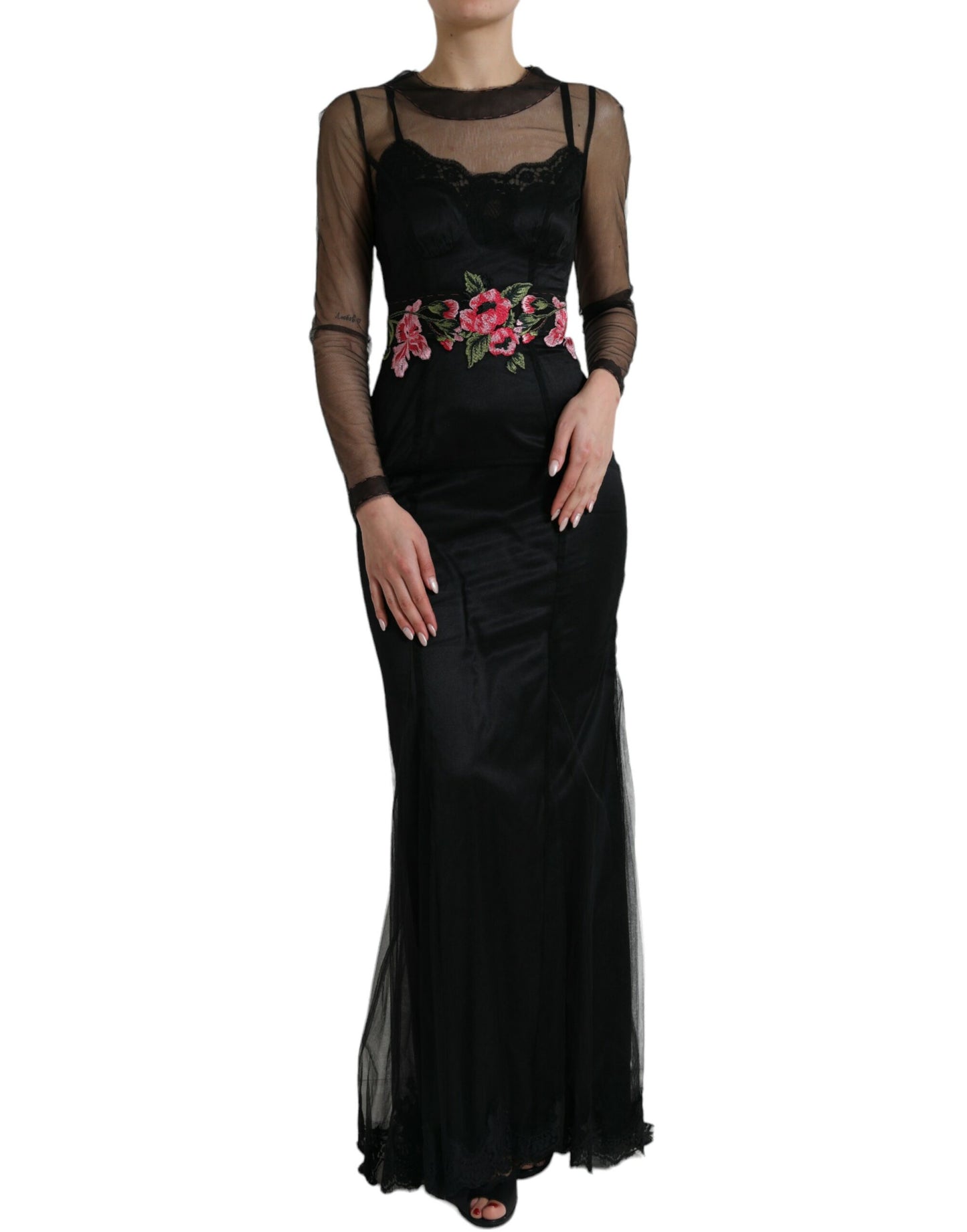 Black Floral Embroidery Mesh Tulle Gown Dress