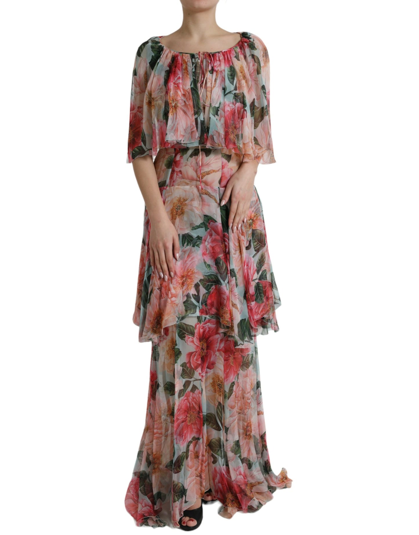 Multicolor Floral Silk Tiered Long Maxi Dress