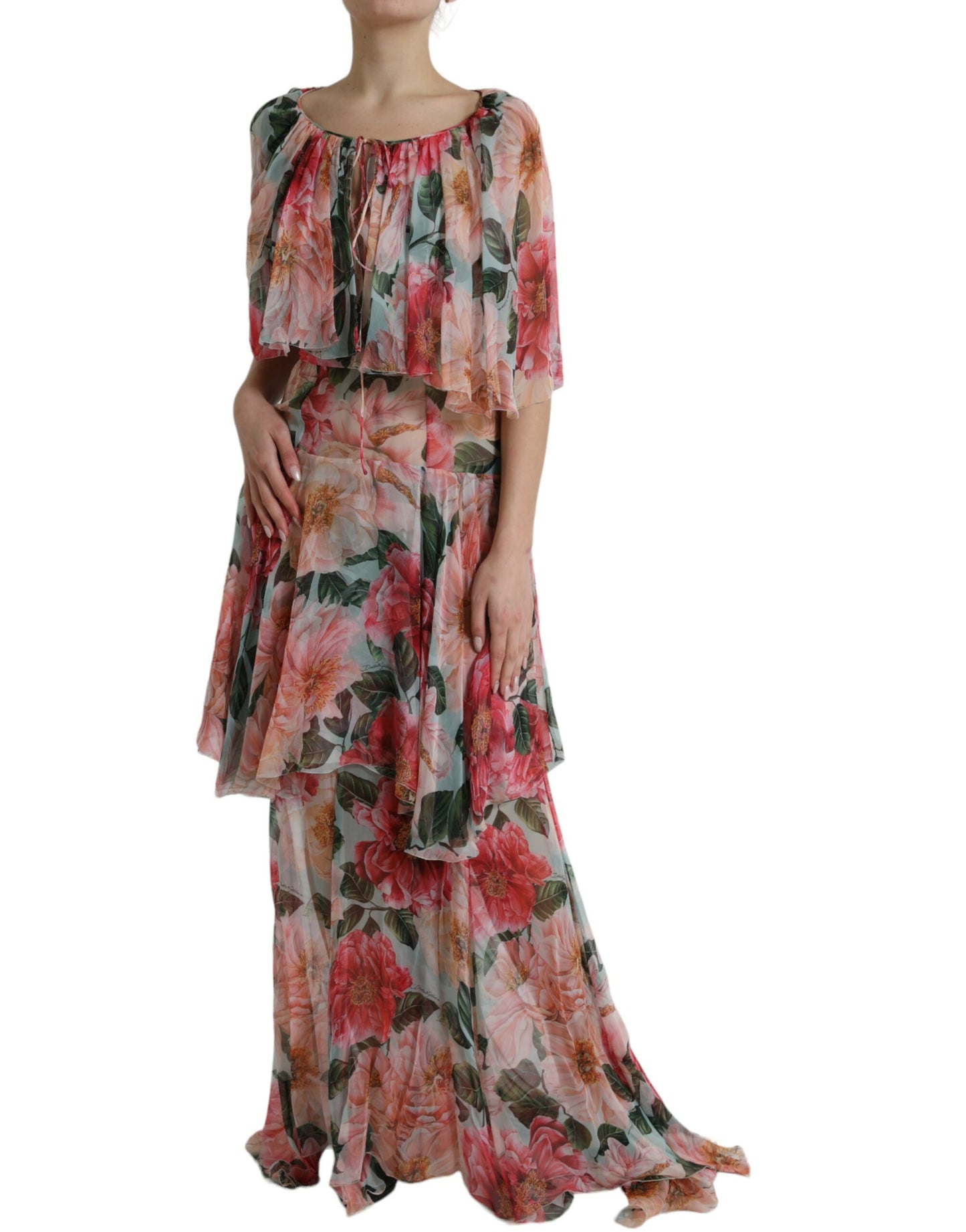 Multicolor Floral Silk Tiered Long Maxi Dress