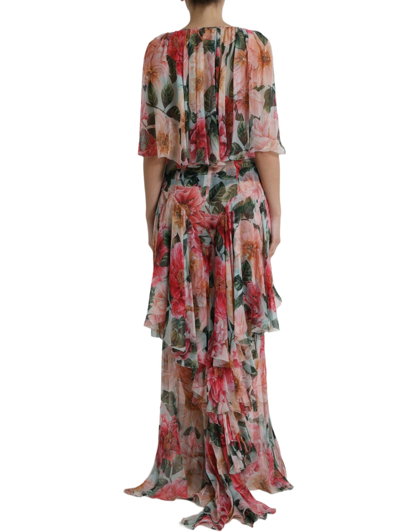 Multicolor Floral Silk Tiered Long Maxi Dress