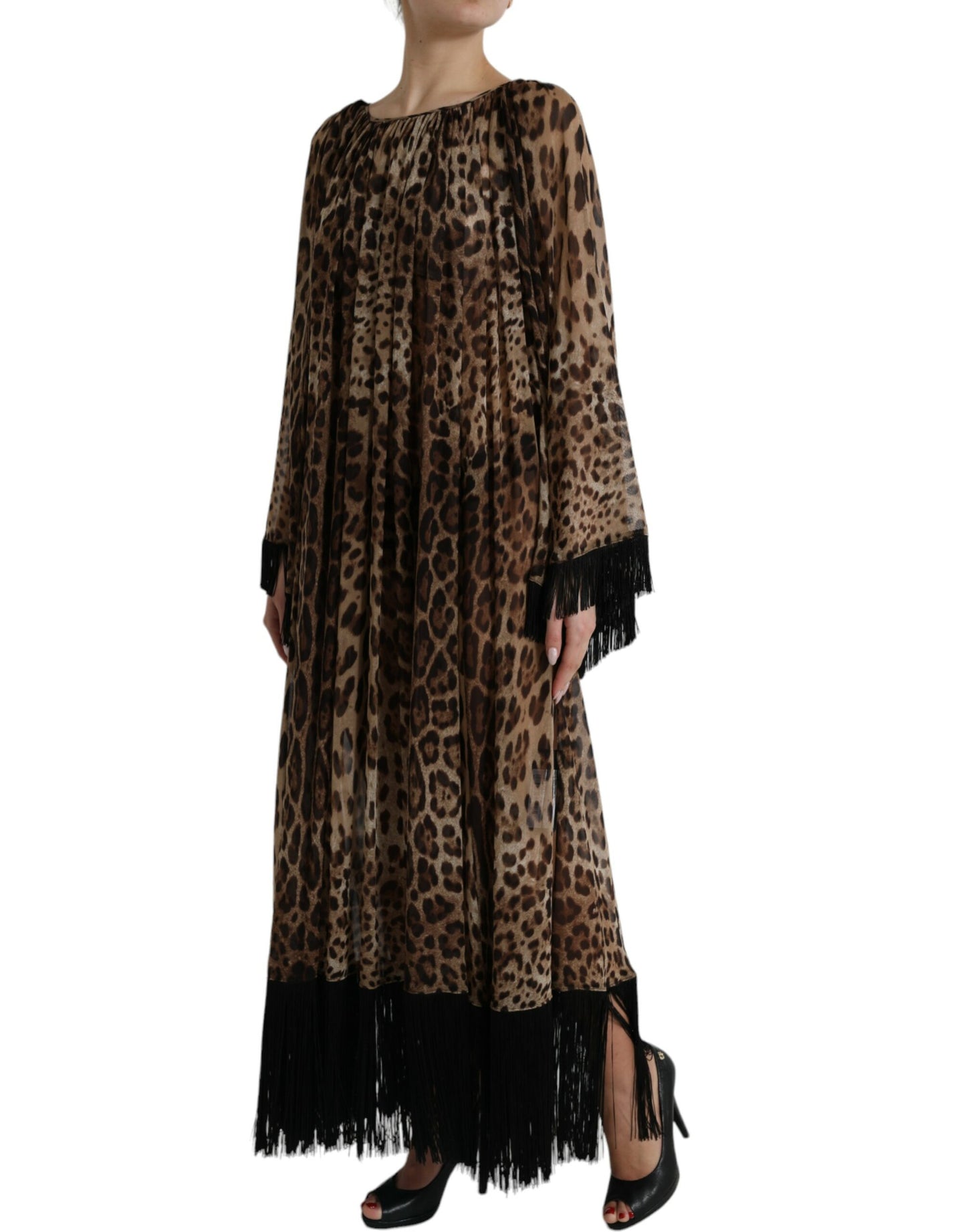 Brown Leopard Silk Kaftan Fringes Maxi Dress