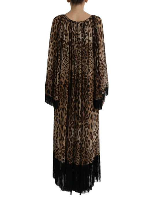 Brown Leopard Silk Kaftan Fringes Maxi Dress