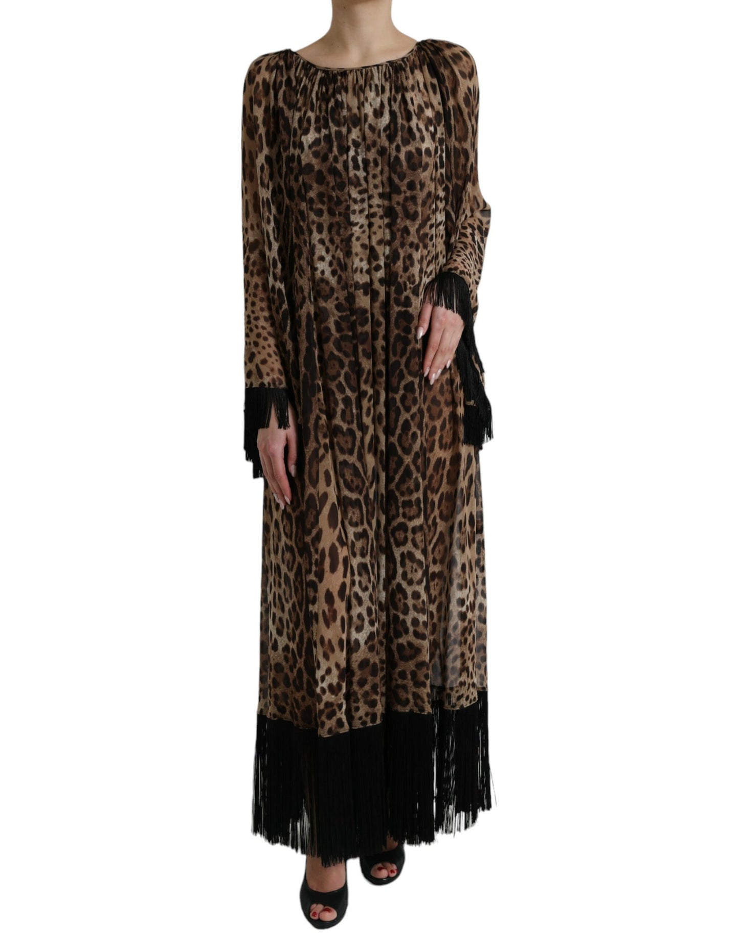 Brown Leopard Silk Kaftan Fringes Maxi Dress