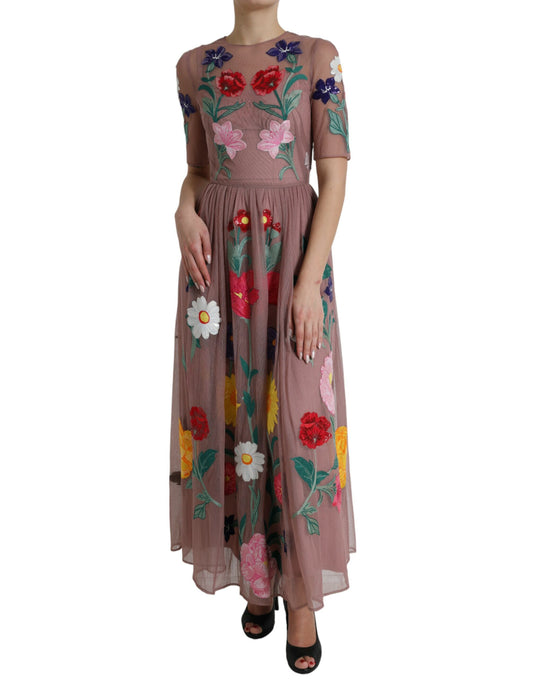 Rose Gold Floral Embroidery Long Maxi Dress