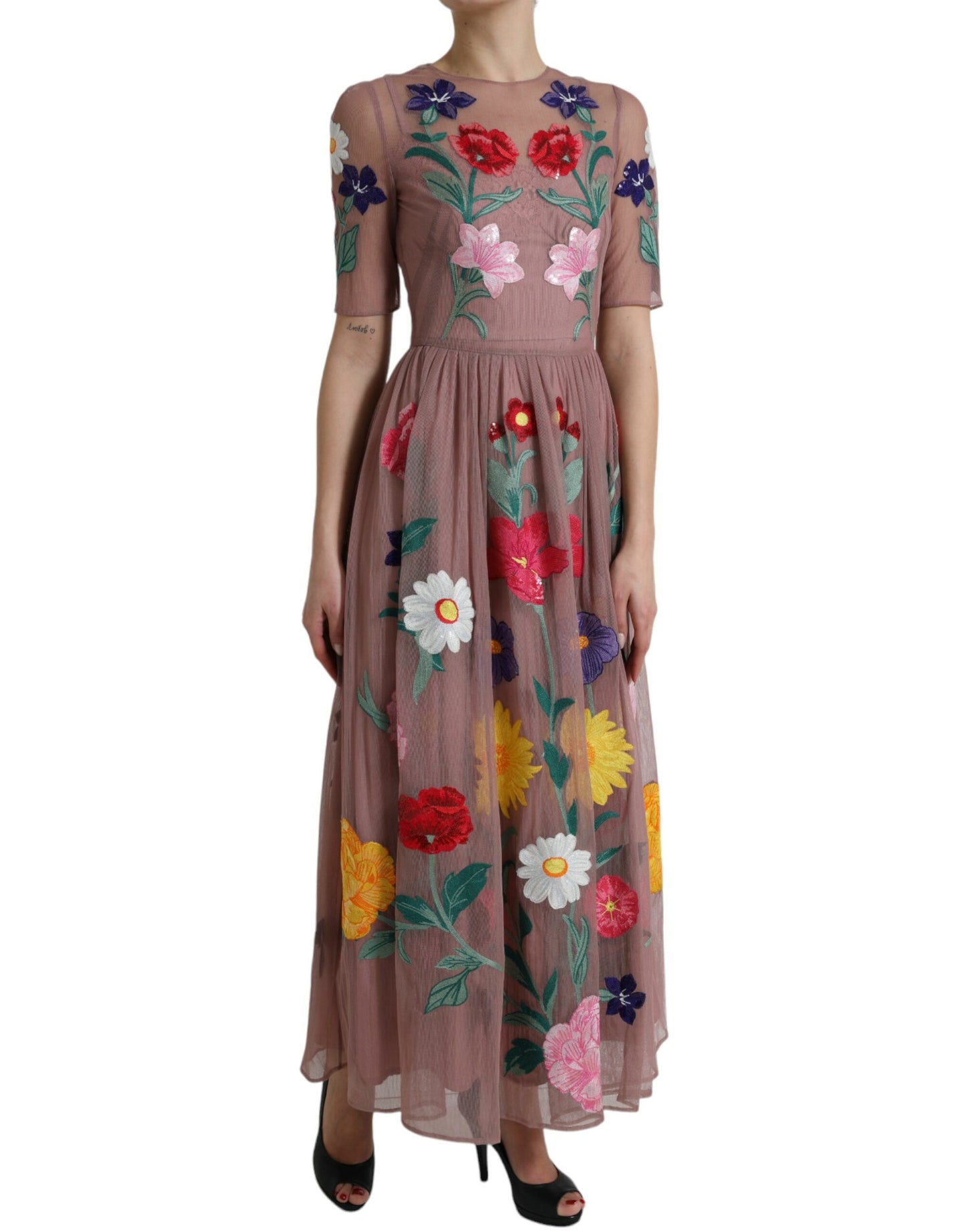 Rose Gold Floral Embroidery Long Maxi Dress