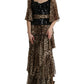 Brown Leopard Sequined Tiered Long Gown Dress