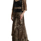 Brown Leopard Sequined Tiered Long Gown Dress