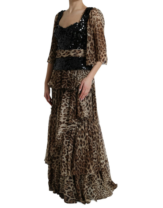 Brown Leopard Sequined Tiered Long Gown Dress