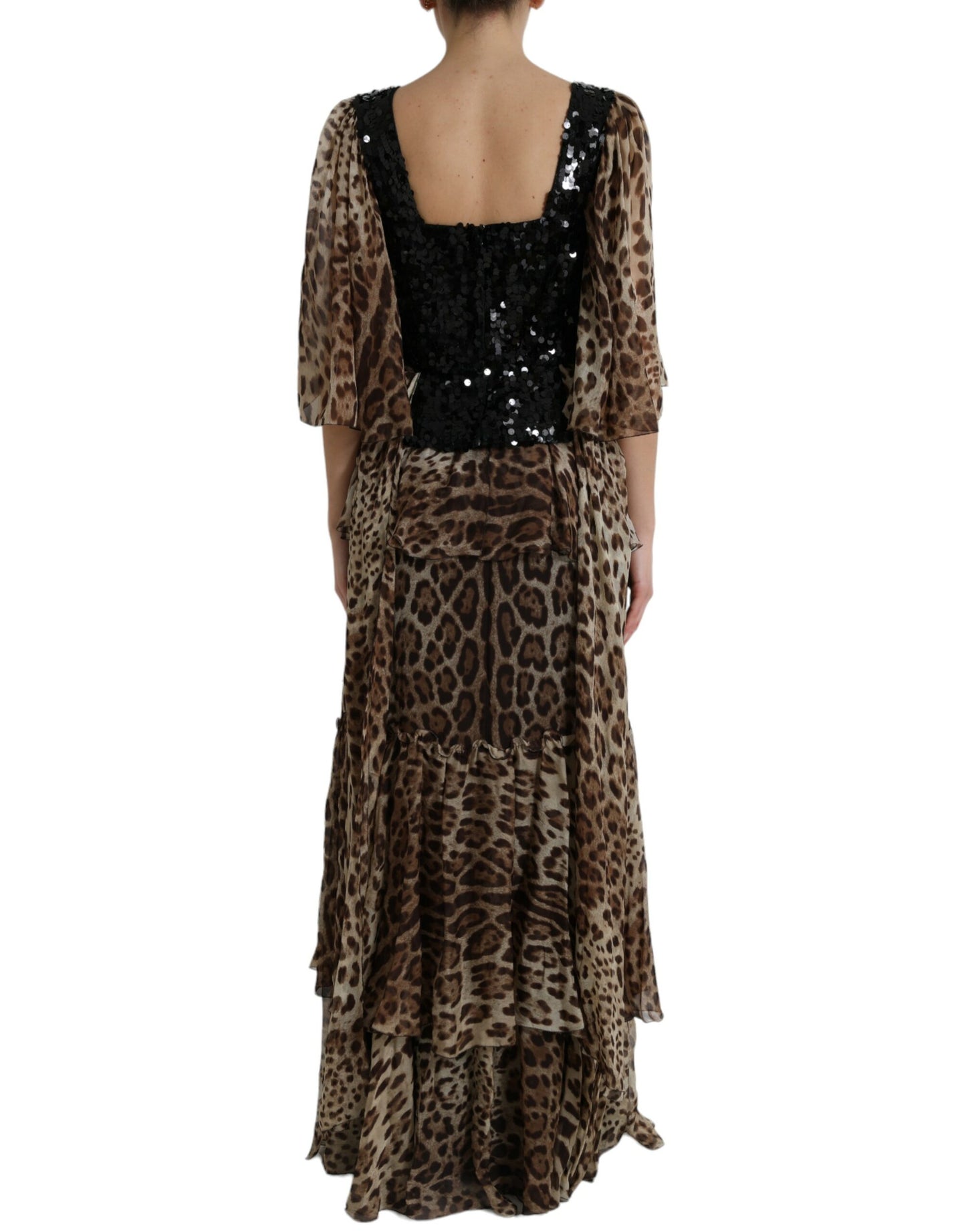 Brown Leopard Sequined Tiered Long Gown Dress