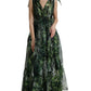 Green Flocked Leaf Georgette A-line Dress