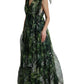 Green Flocked Leaf Georgette A-line Dress