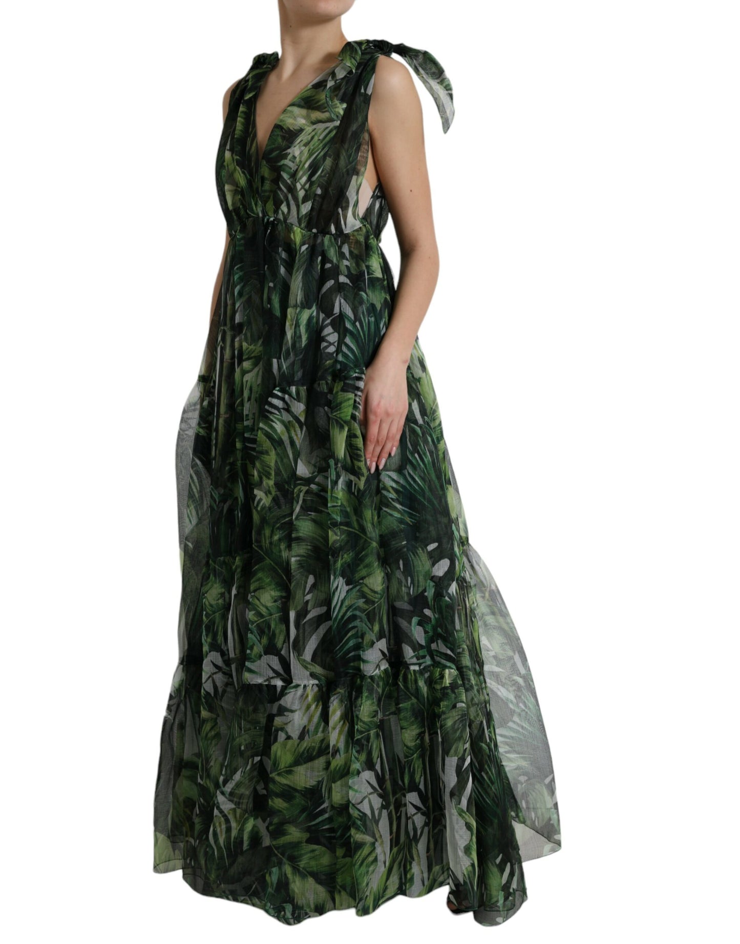 Green Flocked Leaf Georgette A-line Dress