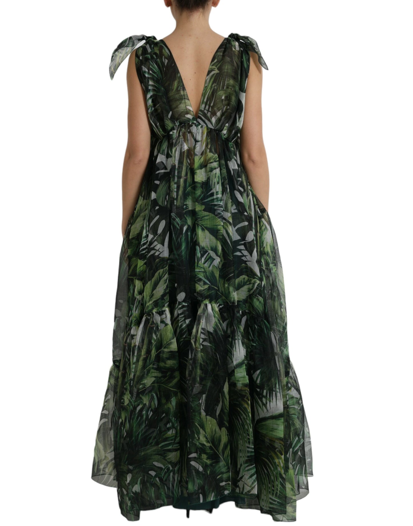 Green Flocked Leaf Georgette A-line Dress