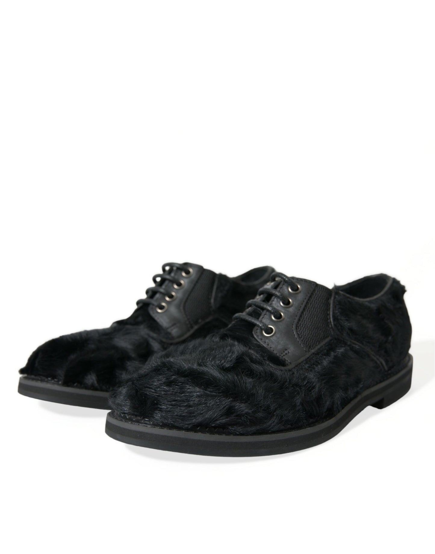 Black Fur Leather Lace Up Derby Dress Shoes