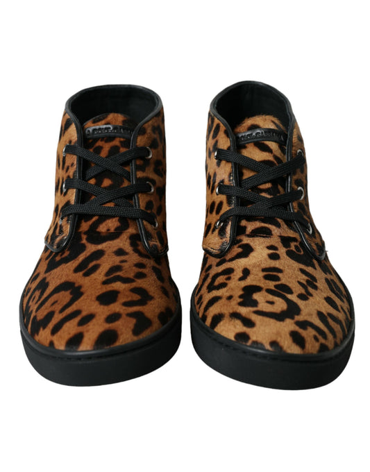 Brown Leopard Pony Hair Leather Sneakers Shoes