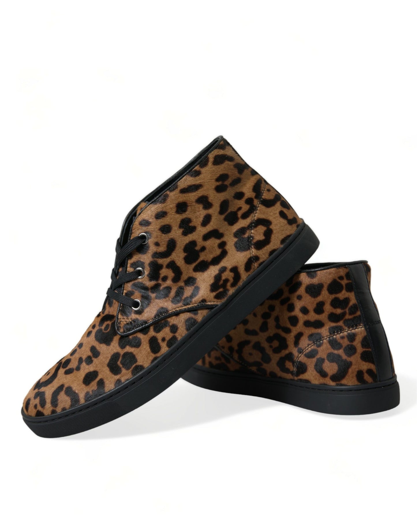 Brown Leopard Pony Hair Leather Sneakers Shoes