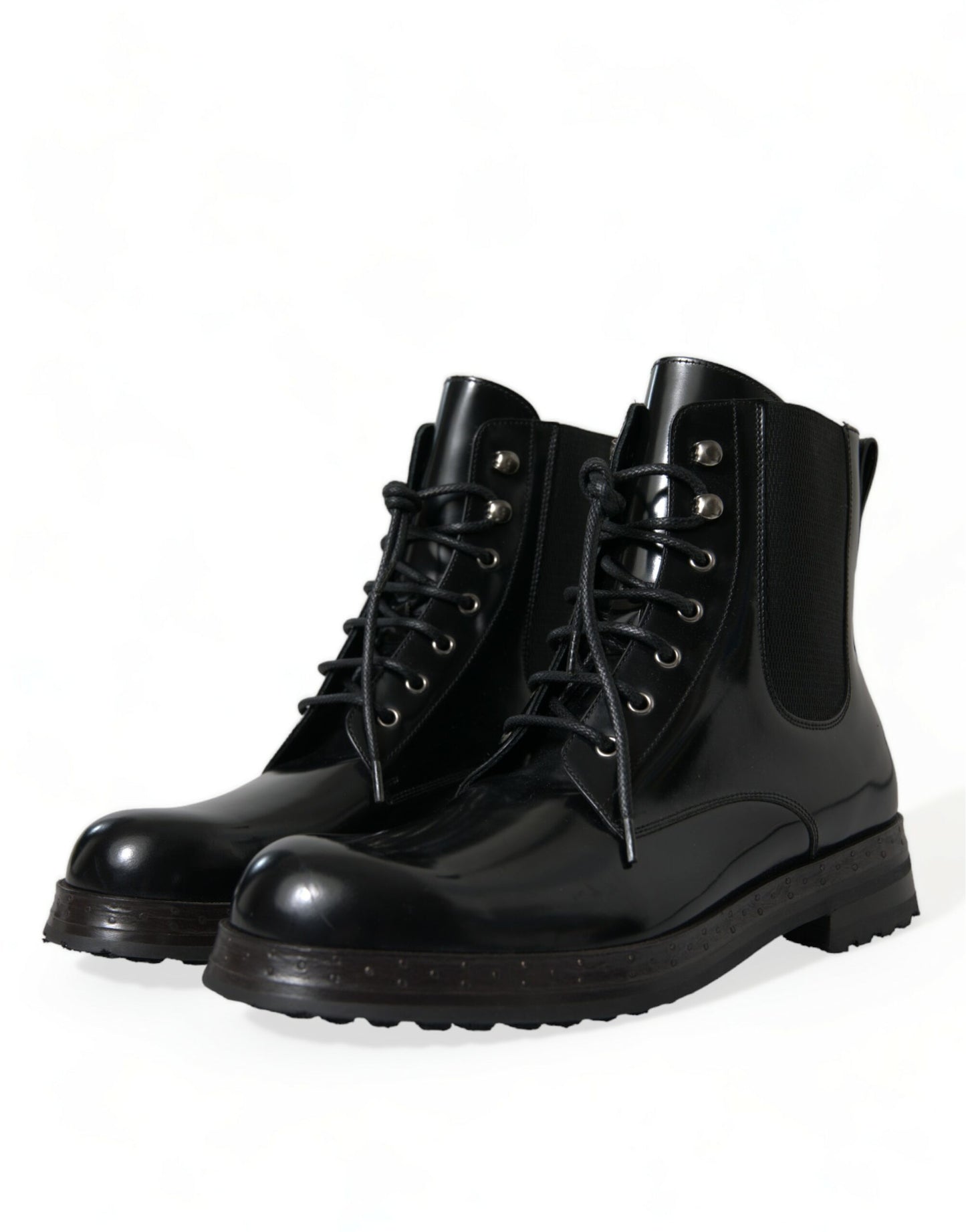 Black Leather Lace Up Mid Calf Boots Shoes