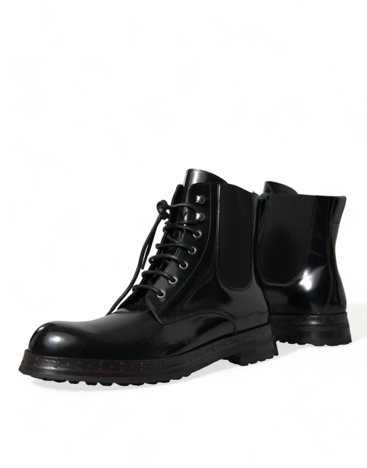 Black Leather Lace Up Mid Calf Boots Shoes